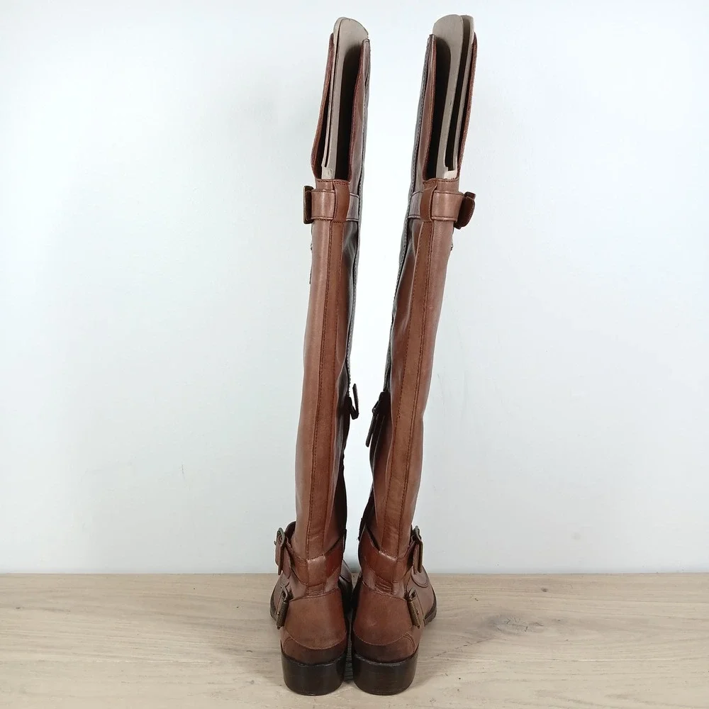 Sam Edelman Paulina Riding Boots Women 6 Brown Leather Knee High Side Zip Buckle